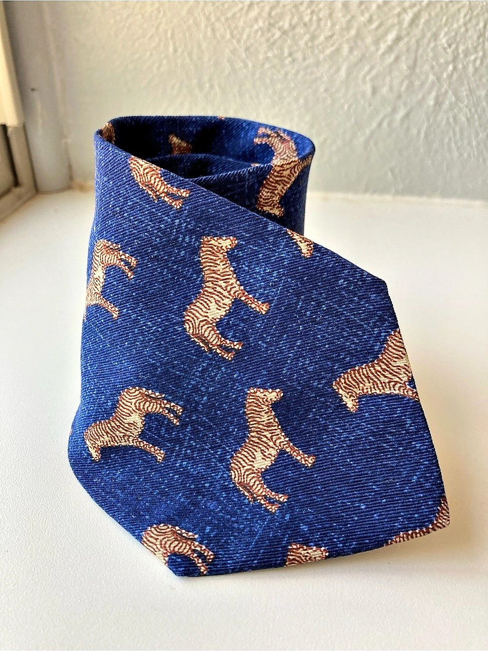 Tom James Silk Animal Print Tie in Blue & Brown Like New